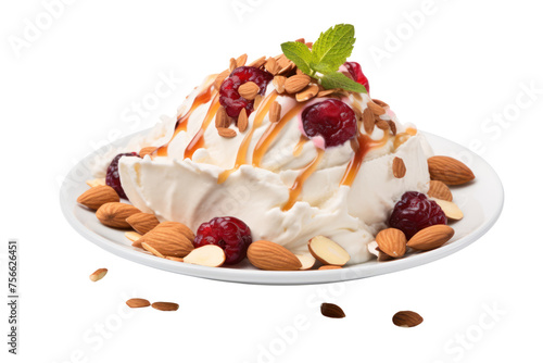Yogurt bowl with jam, dried fruit and toasted nuts, sprinkled with coconut flakes. Isolated on transparent background.