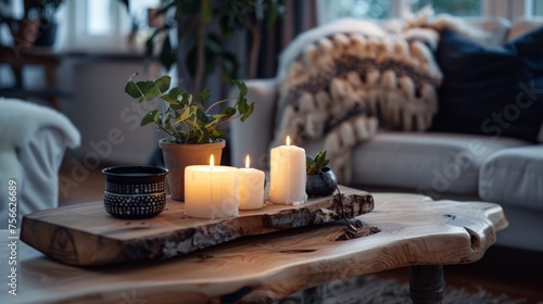 Wooden Table With Candles Beside Couch