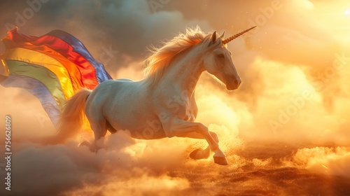 Majestic unicorn galloping across clouds its mane flowing with the vibrant colors of the LGBTQA pride rainbow flag embodying freedom © Katawut
