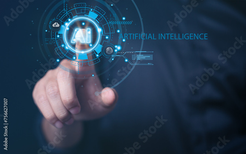 Man touching technology AI Artificial intelligence network digital learning knowledge futuristic online on screen software internet develop skill for future.