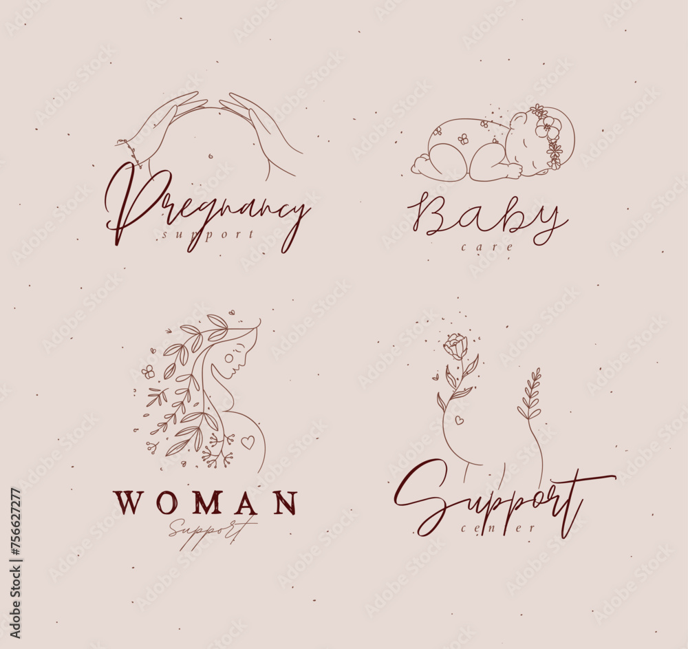 Pregnancy labels female torso, silhouette of a pregnant woman, sleeping child with lettering drawing in floral hand-drawing style with black on beige background