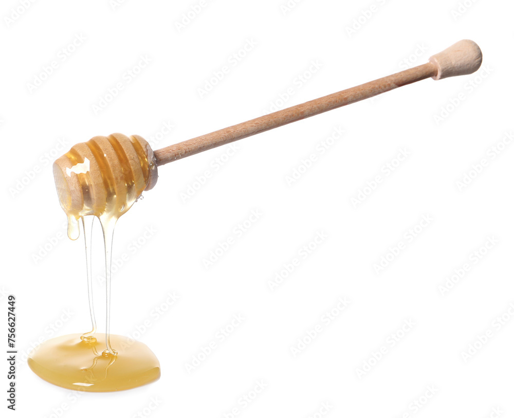 Natural honey dripping from dipper on white background Natural honey dripping from dipper on white background