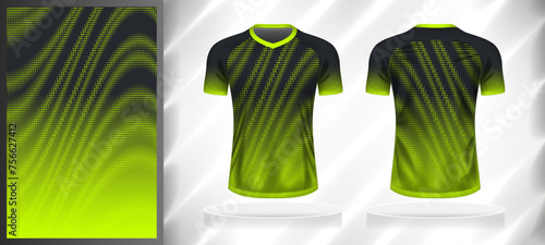 Vector sport pattern design template for V-neck T-shirt front and back with short sleeve view mockup. Shades of grey-black-green color gradient abstract halftone texture background illustration.
