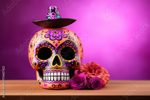 Dia De Los Muertos Celebration Mexican Background With Sugar Skull.