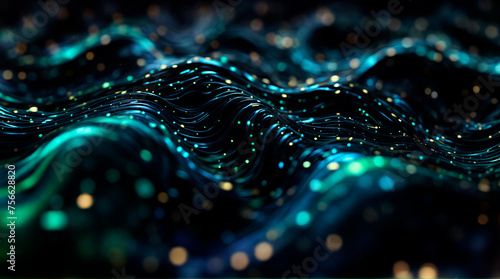 Abstract background with blue-green waves and glowing particles