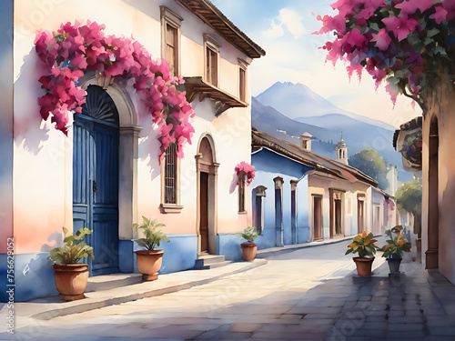 Watercolor of Flowers and Architecture Streets of  Antigua Guatemala photo