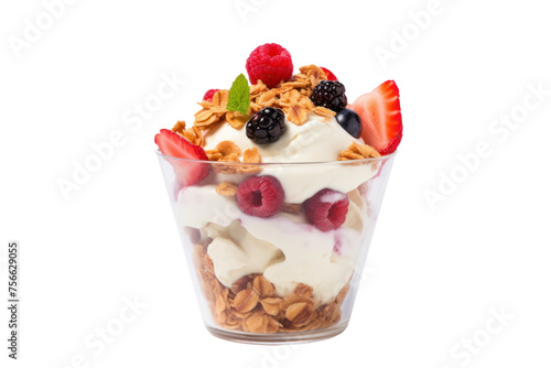 Smooth and sweet yogurt ice cream With fresh fruit, granola and whole grains. Served in ice cream cup isolated on transparent background.