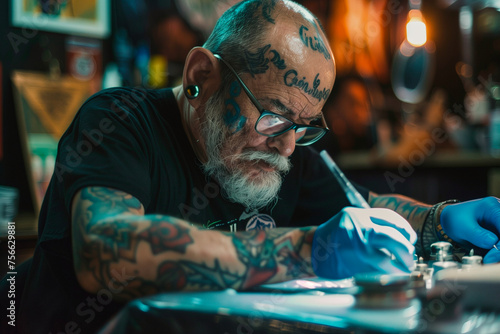 Tattoo artist working on a tattoo machine in his workshop