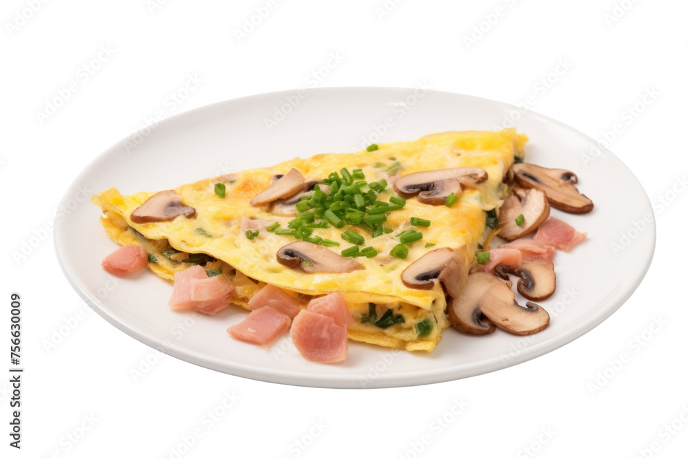 Thin, crispy omelet with mushrooms, ham and cheese, cut into bite-sized pieces. Isolated on a transparent background.