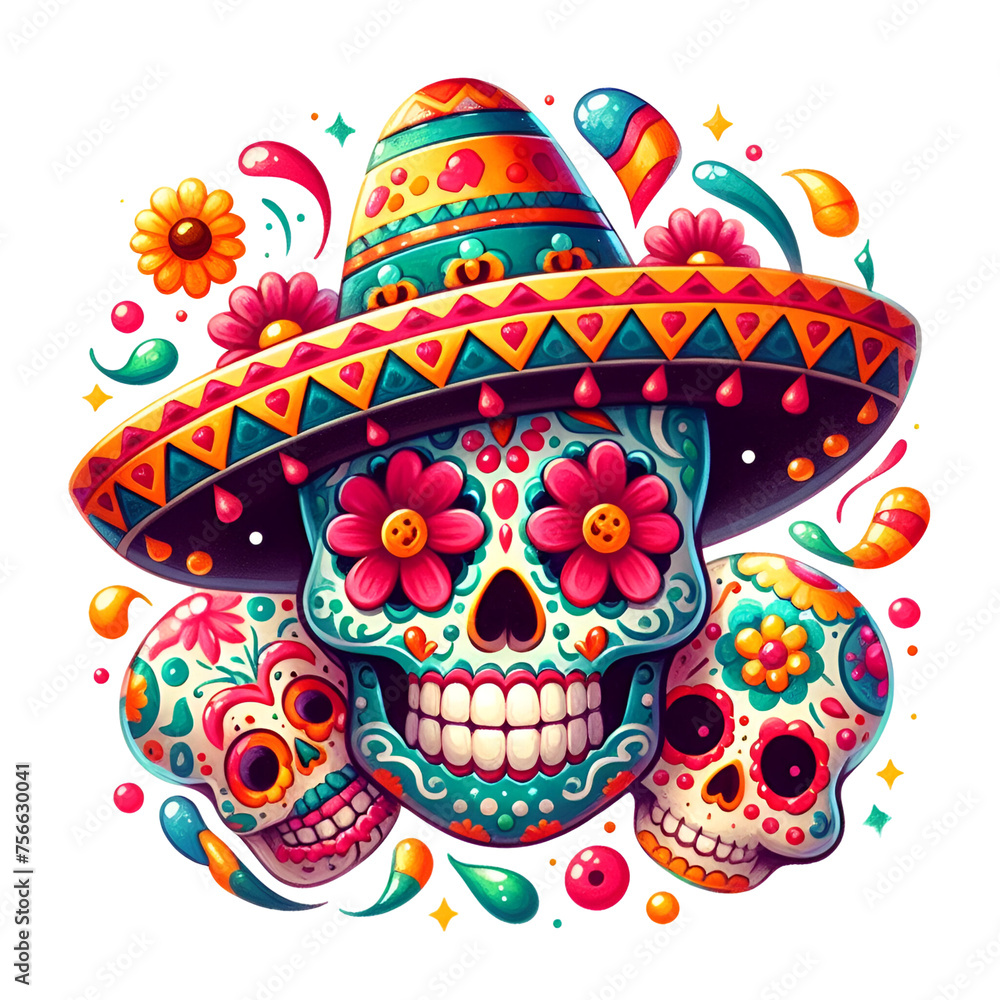 Happy Cinco De Mayo Cute Skulls PNG, Decorative Mexican Skulls Clipart, Lets Fiesta PNG