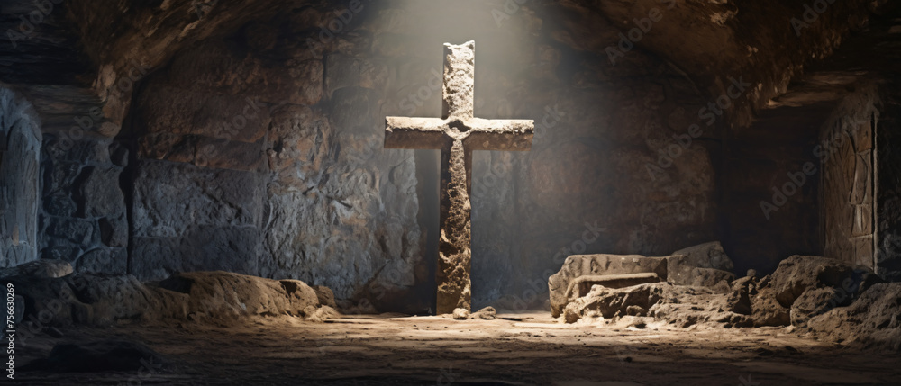 A holy cross and Jesus can be seen in a stone tomb. ..