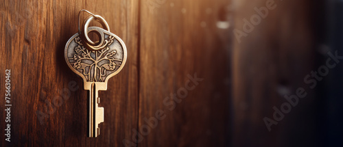 A keyring with a house key attached is placed photo