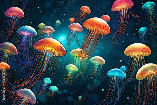 jellyfish in aquarium, Dive into a mesmerizing underwater world with glowing sea jellyfishes floating against a dark background in this neural network-generated art