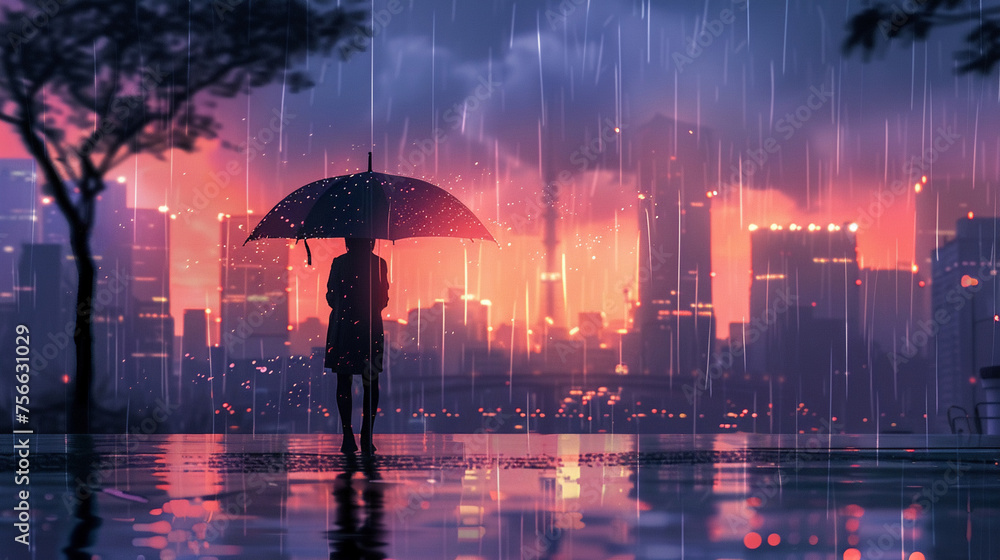 Silhouette of an individual standing still under a large umbrella watching the rain cascade into a tranquil cityscape at twilight