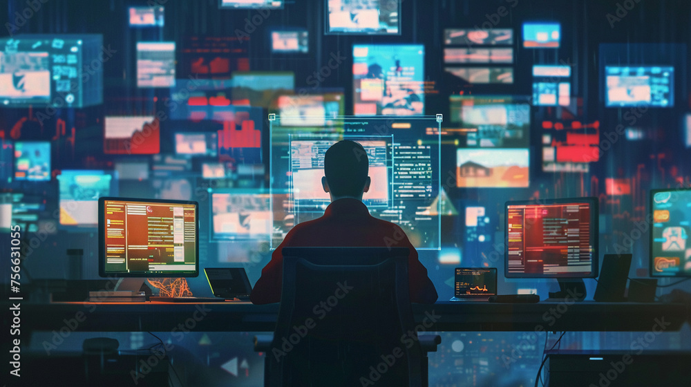 Business person seated at a desk surrounded by screens filled with overwhelming data and social media notifications expressing stress and overload in a high-tech office environment - obrazy, fototapety, plakaty 