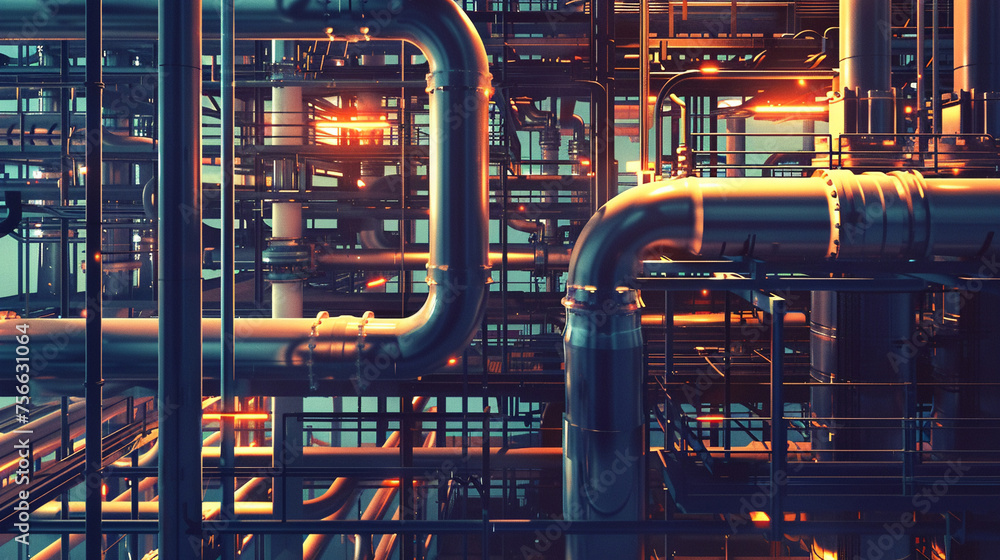 Detailed illustration of metallic pipelines and pipe racks crisscrossing in a dense network with the shimmering lights of a chemical hydrogen or ammonia plant at twilight Detailed illustration of metallic pipelines and pipe racks crisscrossing in a dense network with the shimmering lights of a chemical hydrogen or ammonia plant at twilight