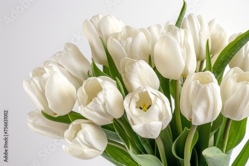 Beautiful bouquet of white tulips on a serene white background  Generative AI