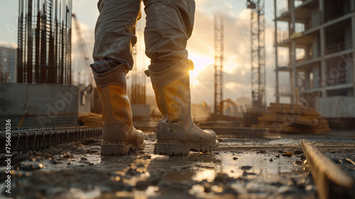 Worker standing firm in safety boots amidst a busy construction site steel structures rising around them showcasing the strength and safety in an industrial setting