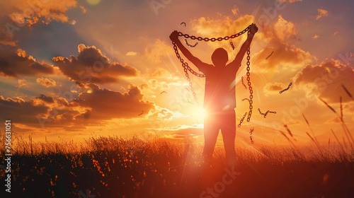 A silhouette of a person breaking chains against a sunset symbolizing freedom and liberation with rays of light casting hope photo