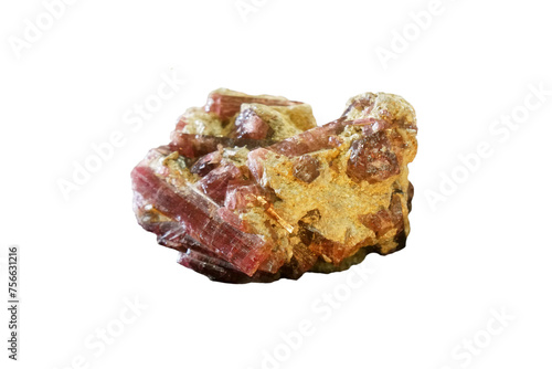 Tourmaline gemstone rock specimen isolated on white background. a crystalline silicate mineral group.