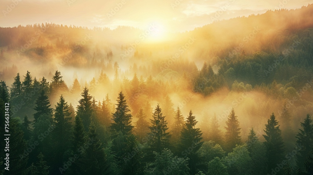 Majestic sunrise over a fog covered forest in the early morning Majestic sunrise over a fog covered forest in the early morning