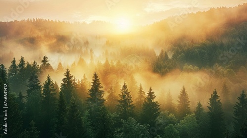 Majestic sunrise over a fog covered forest in the early morning 