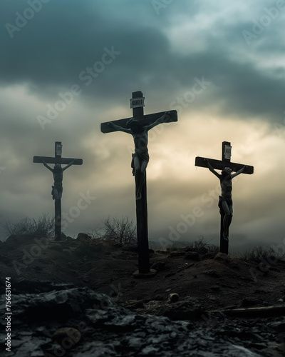 three crosses on Golgotha near Jerusalem, the death of Jesus, the crucifixion of Jesus, Easter, generative AI