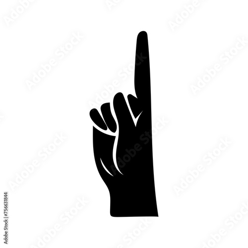 A black silhouette of a human hand with one finger up and a white background, as well as white lines representing the fingers and thumb. A symbol representing, for example, number one.