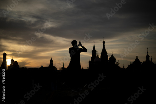 Tourist in Moscow. Man in Russia. Silhouette of a man against the backdrop of Moscow.