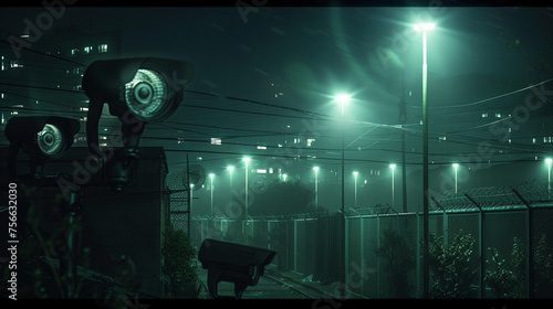 A nighttime scene illuminated by the glow of security floodlights  with CCTV cameras capturing clear images of the surroundings  ensuring comprehensive surveillance even in the dark. 8K. -