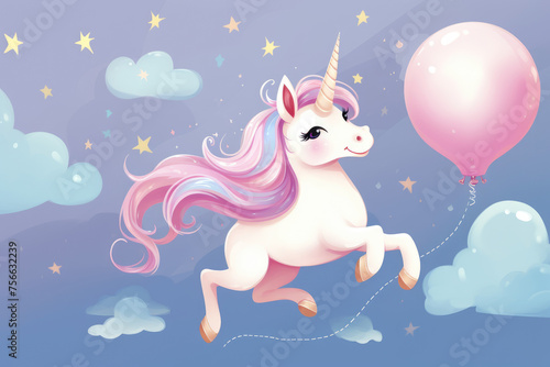 A unicorn is flying through the sky with a pink balloon