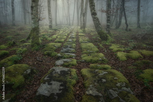 Foggy spring morning in the beech forest of Monte Santiago on the border between the Basque Country and Burgos, with its moss-covered lapiazes as the protagonists