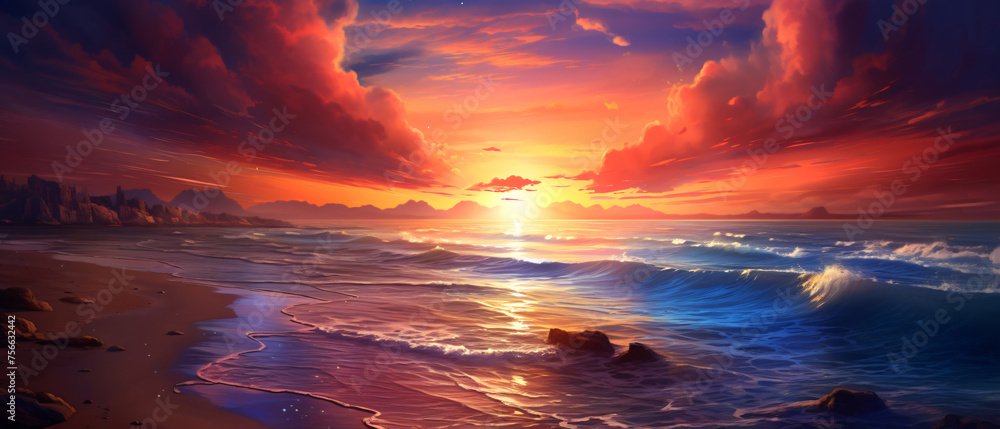 A spectacular sunset over the sea on a beach