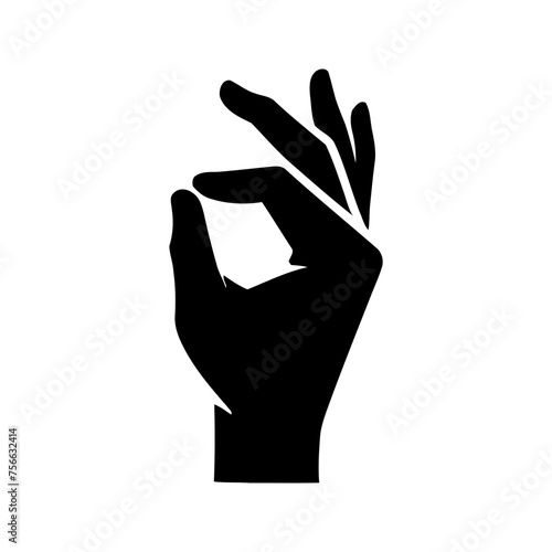 Vector silhouette of a curved human hand showing ok sign, drawn in black on a white background.