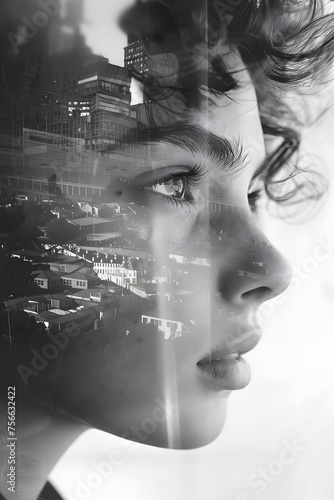 Double exposure of a womans features and a city in blackandwhite style