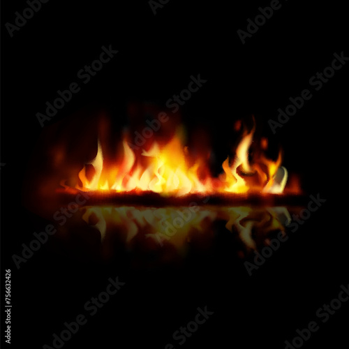 Line bon fire flame with reflection with sparks on black background vector illustration.
