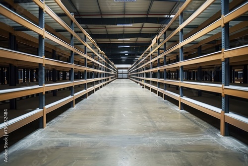 large empty warehouse with shelves and long aisles. empty distribution warehouse