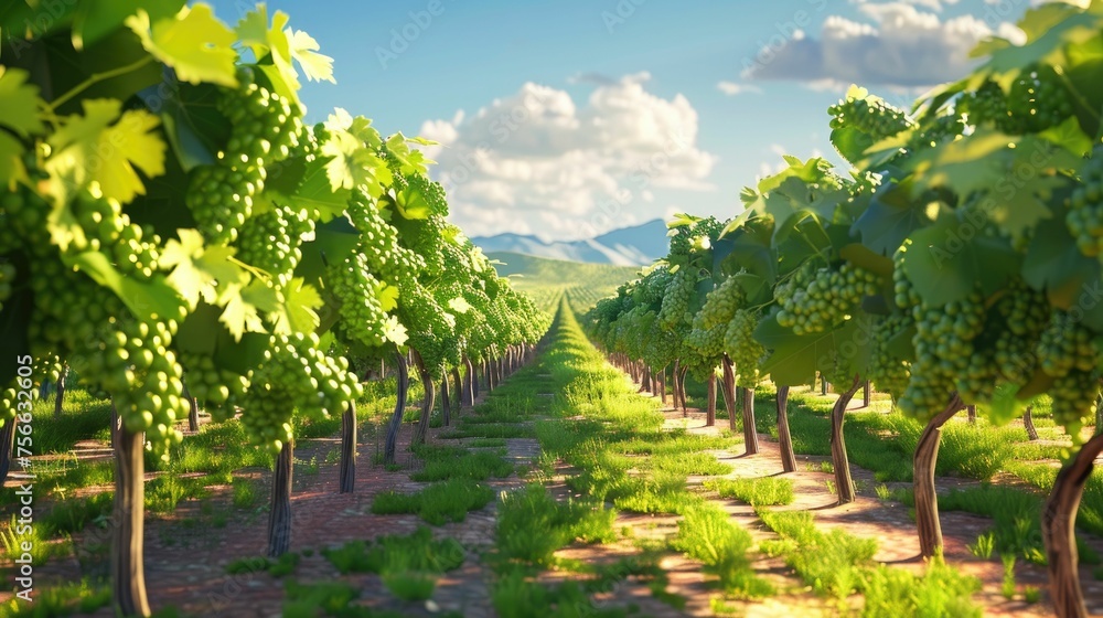 Vineyard rows in a 3D cartoon animation, grapes ripening under the sun