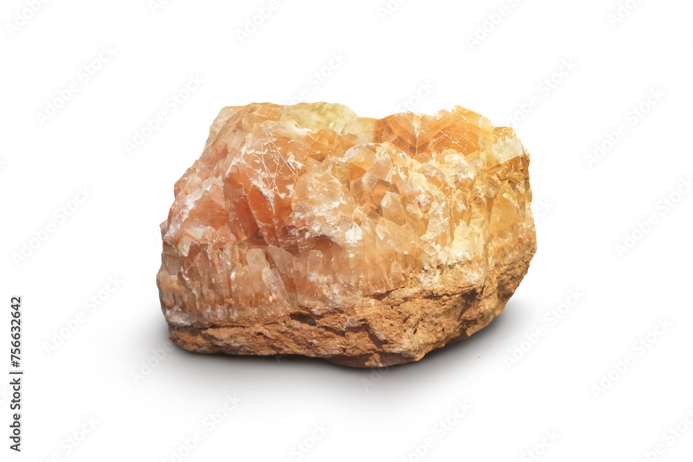 Orange calcite mineral specimen stone isolated on white background.