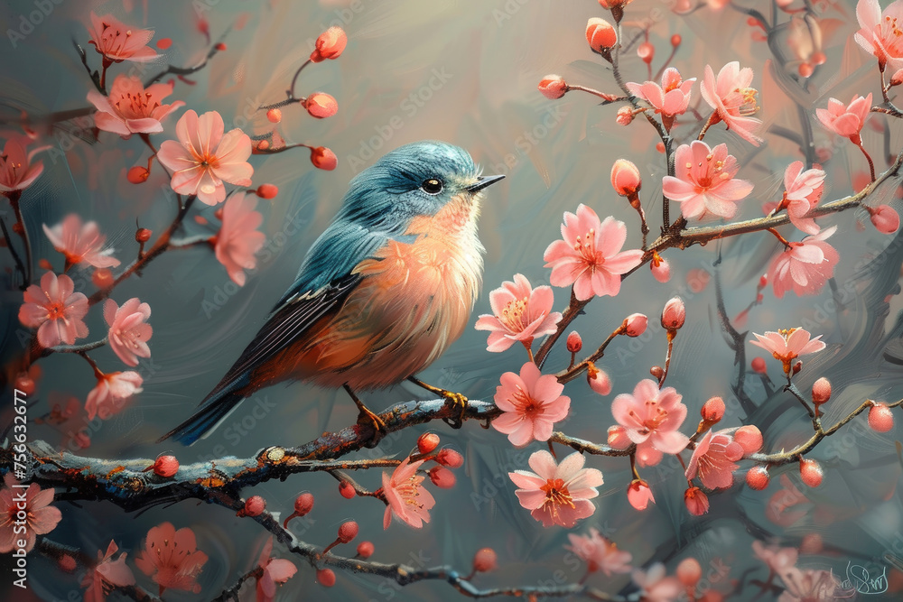 A blue and orange bird is perched on a branch of pink flowers
