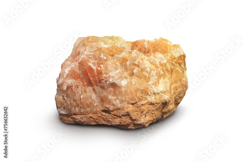 Orange calcite mineral specimen stone isolated on white background.