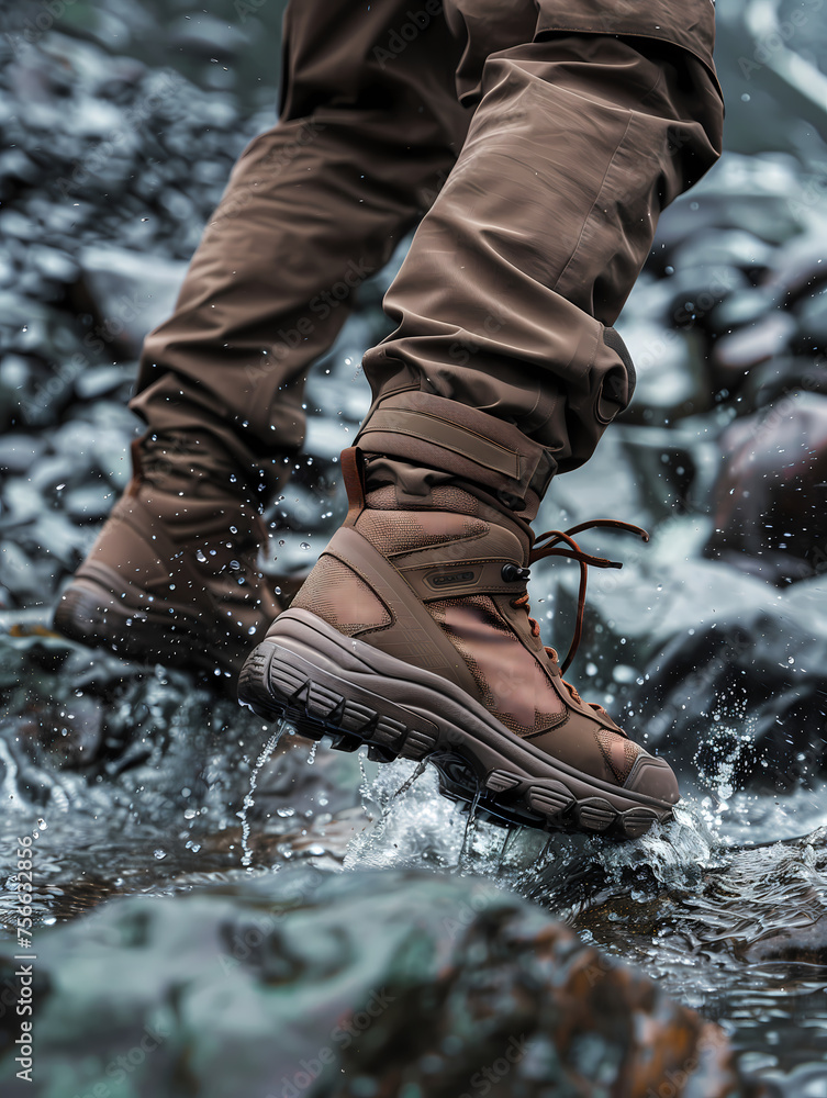 Gros plan de chaussures de randonnée d'un homme sautant dans un cours d'eau
Gros plan de chaussures de randonnée d'un homme sautant dans un cours d'eau