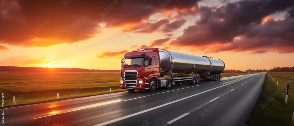 A sunset lit countryside road with a moving large fuel