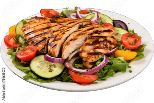 Thinly sliced grilled chicken breast on a bed of fresh salad Add color with tomatoes, cucumbers and red onions and drizzle with balsamic vinaigrette. 