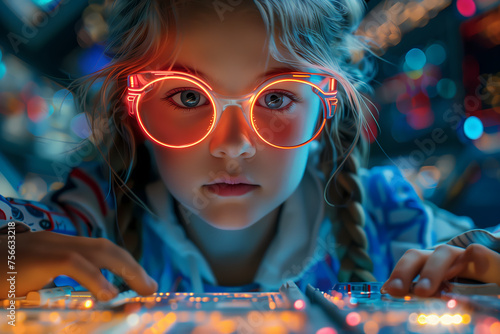 Jeune fille avec des lunettes LED devant un tableau de commande lumineux
