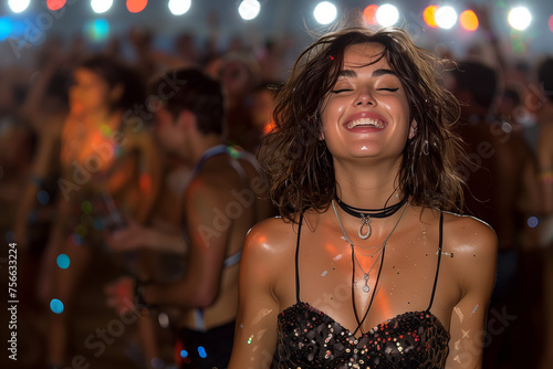 Young woman sweating at a music festival, dancing in a tent in a crowd of people.  photo
