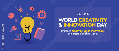 World Creativity and Innovation Day. 21 April World creativity and innovation day celebration cover banner with icons of bulb, gear, book, puzzle pieces, bar chart, pie chart. Conceptual cover banner.