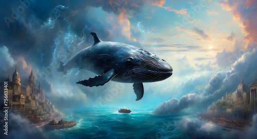 Surreal image giant whale glides through clouds above a sleeping city, blurring reality and dreams