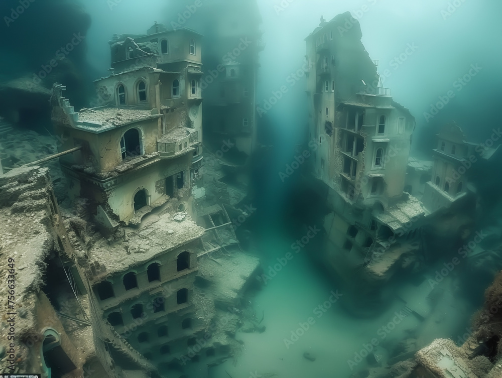 The ghostly ruins of a once-bustling town lie submerged and forgotten under murky water, creating an eerie underwater world frozen in time.