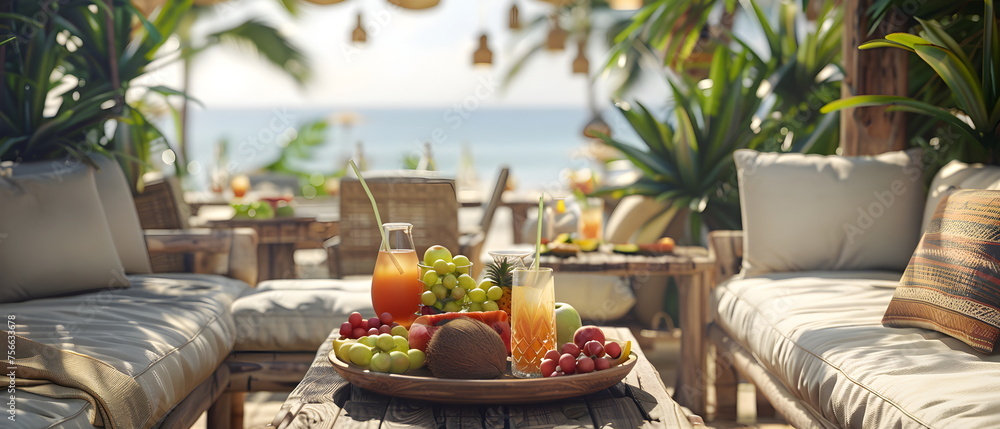 Relax in paradise with lounge chairs under a palm tree on a tropical beach, a beachside restaurant Relax in paradise with lounge chairs under a palm tree on a tropical beach, a beachside restaurant